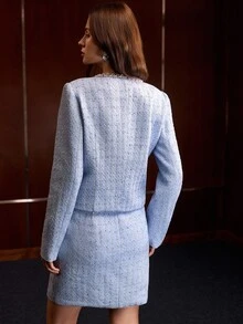 MOTF PREMIUM SET 2 POTONG JAKET DAN ROK WANITA ELEGAN DARI BAHAN TWEED BERPAYET DAN TRIM KONTRAST - Biru - View 4