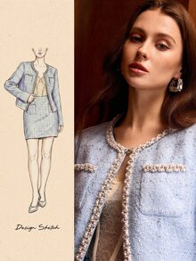 MOTF PREMIUM SET 2 POTONG JAKET DAN ROK WANITA ELEGAN DARI BAHAN TWEED BERPAYET DAN TRIM KONTRAST - Biru - View 7
