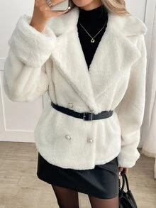 Yalmera Women's Solid Color Double-Breasted Belted Faux Fur Coat Going Out White Winter Elegant - Beige - View 1