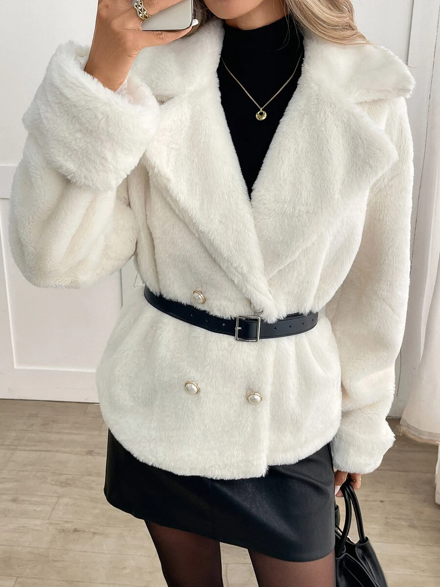 Yalmera Women's Solid Color Double-Breasted Belted Faux Fur Coat Going Out White Winter Elegant - Beige - View 1