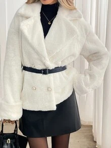 Yalmera Women's Solid Color Double-Breasted Belted Faux Fur Coat Going Out White Winter Elegant - Beige - View 7