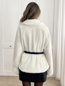 Yalmera Women's Solid Color Double-Breasted Belted Faux Fur Coat Going Out White Winter Elegant - Beige - View 2