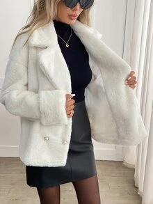 Yalmera Women's Solid Color Double-Breasted Belted Faux Fur Coat Going Out White Winter Elegant - Beige - View 4