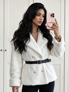 Yalmera Women's Solid Color Double-Breasted Belted Faux Fur Coat Going Out White Winter Elegant - Beige - View 3