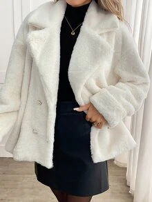 Yalmera Women's Solid Color Double-Breasted Belted Faux Fur Coat Going Out White Winter Elegant - Beige - View 5