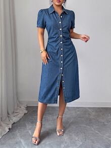 Elenzga Women's Elegant Ruched Waist Denim Dress - Medium Wash - View 5