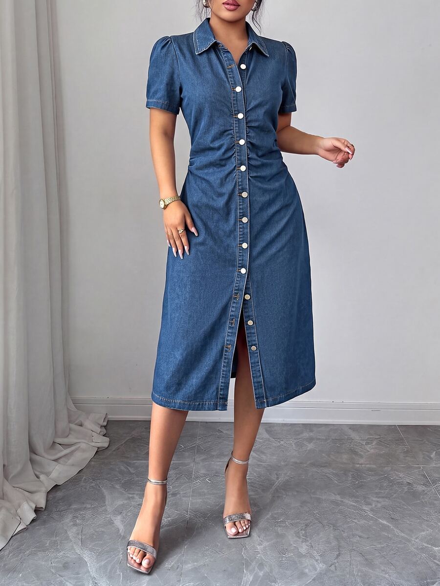 Elenzga Women's Elegant Ruched Waist Denim Dress - Medium Wash - View 1