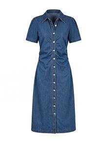 Elenzga Women's Elegant Ruched Waist Denim Dress - Medium Wash - View 6