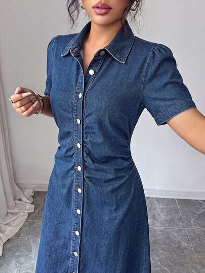 Elenzga Women's Elegant Ruched Waist Denim Dress