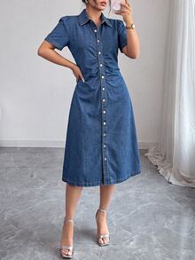 Elenzga Women's Elegant Ruched Waist Denim Dress - Medium Wash - View 4