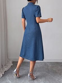 Elenzga Women's Elegant Ruched Waist Denim Dress - Medium Wash - View 2