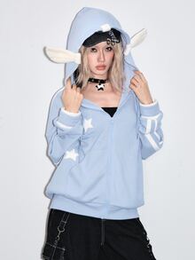 ROMWE Kawaii Y2K復古寬鬆休閒毛絨女款衛衣，翅膀3D星星裝飾 - 藍色 - 查看 1