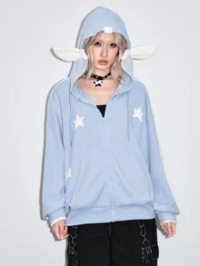 ROMWE Kawaii Y2K復古寬鬆休閒毛絨女款衛衣，翅膀3D星星裝飾 - 藍色 - 查看 6