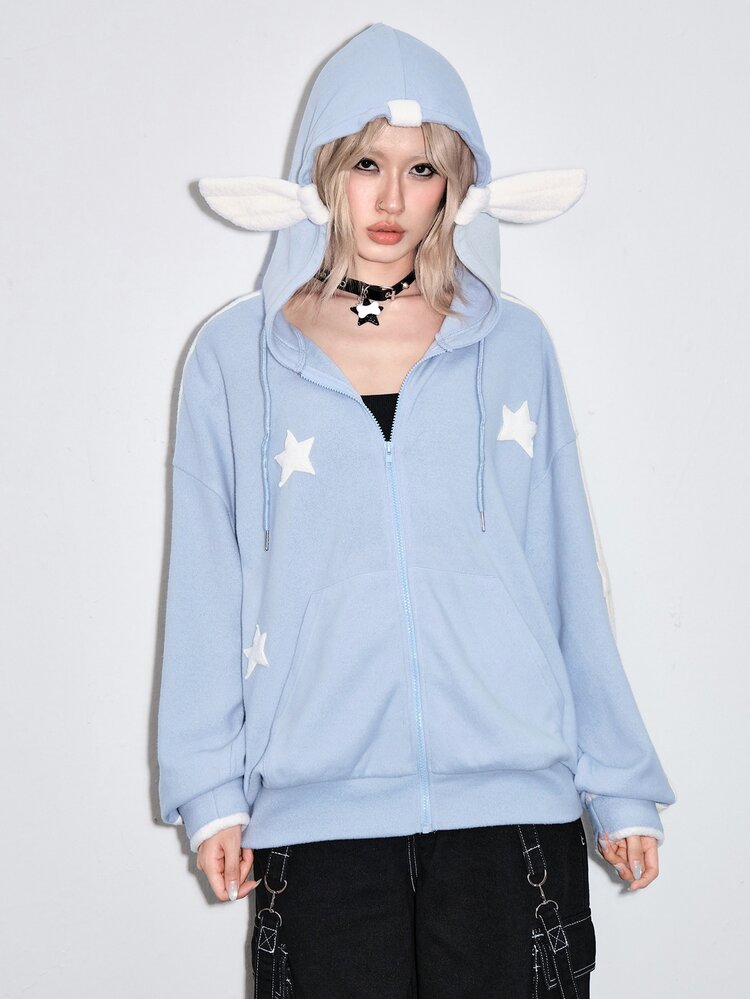 ROMWE Kawaii Y2K Retro Loose Casual Fuzzy Wing 3D Star Decor Women's Sweatshirt - Blue - View 6