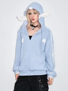 ROMWE Kawaii Y2K復古寬鬆休閒毛絨女款衛衣，翅膀3D星星裝飾 - 藍色 - 查看 7