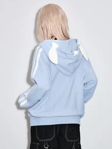 ROMWE Kawaii Y2K復古寬鬆休閒毛絨女款衛衣，翅膀3D星星裝飾 - 藍色 - 查看 3