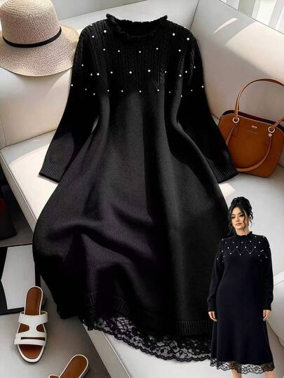 GlowEve CURVE Plus Size Women's Autumn/Winter Elegant Versatile Fitted Beaded Twisted Rope Cable Knit Hollow Out Stand Collar Long Sleeve Sweater Dress, Suitable For Dating, Outings, Daily Wear And Multiple Occasions