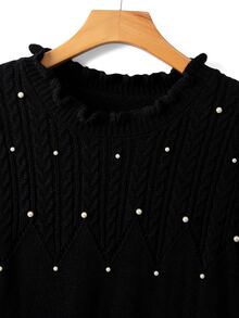 GlowEve CURVE Plus Size Women's Autumn/Winter Elegant Versatile Fitted Beaded Twisted Rope Cable Knit Hollow Out Stand Collar Long Sleeve Sweater Dress, Suitable For Dating, Outings, Daily Wear And Multiple Occasions - Black - View 4
