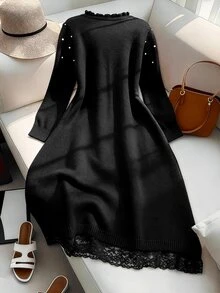 GlowEve CURVE Plus Size Women's Autumn/Winter Elegant Versatile Fitted Beaded Twisted Rope Cable Knit Hollow Out Stand Collar Long Sleeve Sweater Dress, Suitable For Dating, Outings, Daily Wear And Multiple Occasions - Black - View 2