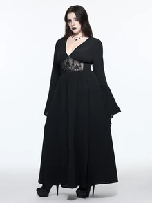ROMWE Goth فستان نسائي مقاس كبير بأسلوب قوطي مطرز بنقشة مفرغة وياقة V عميقة وأكتاف مكشوفة وفتحة جانبية عالية وأكمام جرس - الأسود - مشاهدة 5