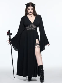 ROMWE Goth فستان نسائي مقاس كبير بأسلوب قوطي مطرز بنقشة مفرغة وياقة V عميقة وأكتاف مكشوفة وفتحة جانبية عالية وأكمام جرس - الأسود - مشاهدة 1