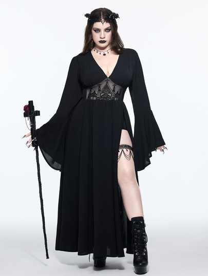 ROMWE Gothic Embroidered Hollow Pattern Deep V-Neck Cold Shoulder High Slit Bell Sleeve Plus Size Women's Dress