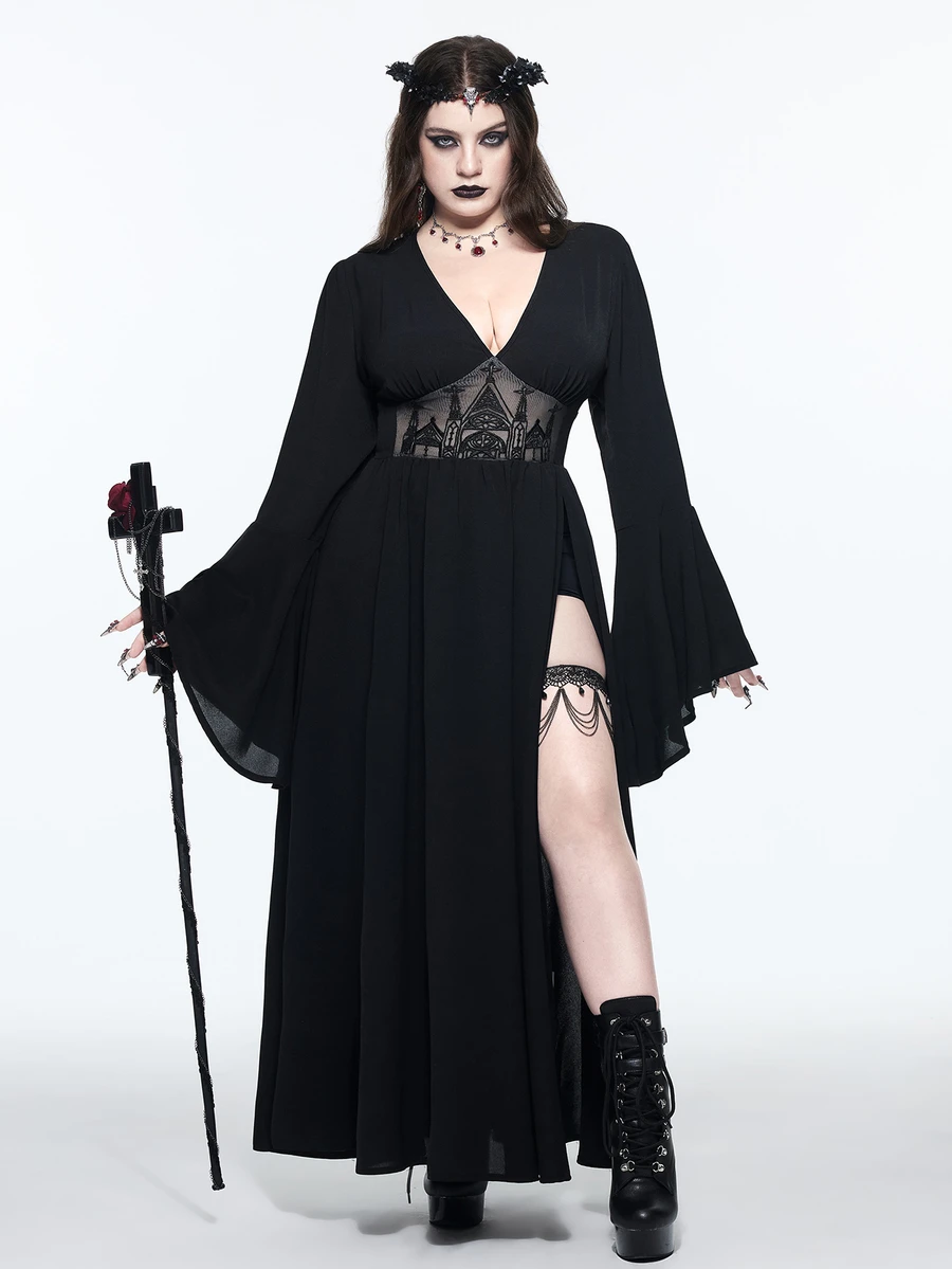 ROMWE Goth فستان نسائي مقاس كبير بأسلوب قوطي مطرز بنقشة مفرغة وياقة V عميقة وأكتاف مكشوفة وفتحة جانبية عالية وأكمام جرس - الأسود - مشاهدة 1