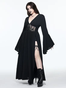 ROMWE Goth فستان نسائي مقاس كبير بأسلوب قوطي مطرز بنقشة مفرغة وياقة V عميقة وأكتاف مكشوفة وفتحة جانبية عالية وأكمام جرس - الأسود - مشاهدة 4