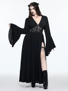 ROMWE Goth فستان نسائي مقاس كبير بأسلوب قوطي مطرز بنقشة مفرغة وياقة V عميقة وأكتاف مكشوفة وفتحة جانبية عالية وأكمام جرس - الأسود - مشاهدة 7