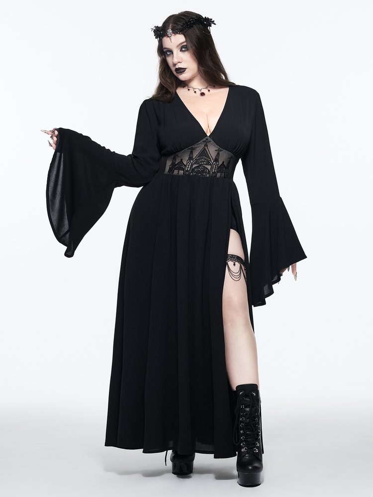 ROMWE Goth 哥德風刺繡鏤空圖案深V領露肩高開衩喇叭袖大尺碼女款洋裝 - 黑色 - 查看 7