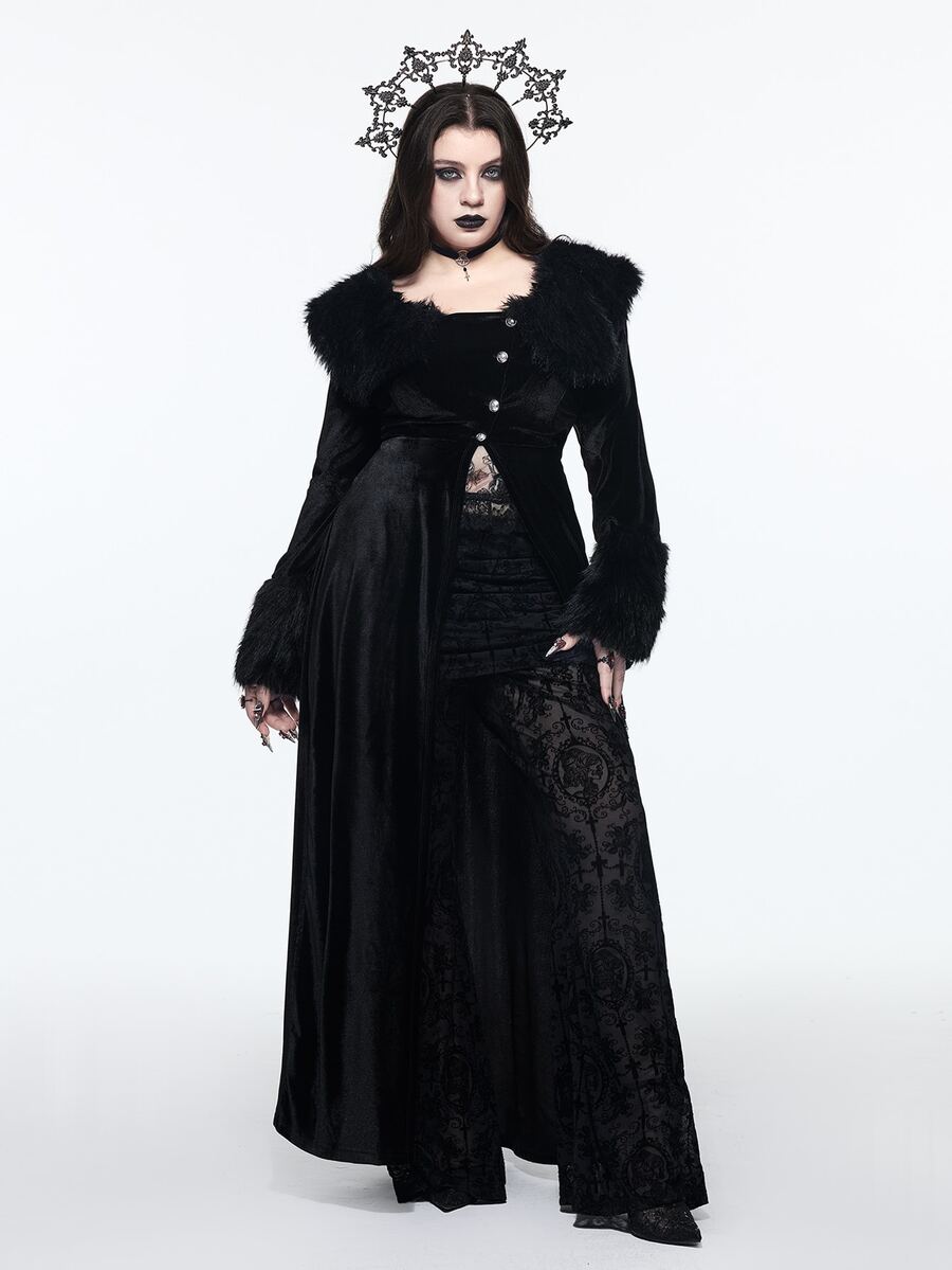ROMWE Goth Style Plus Size Fur Collar Open Front Sleeve Patchwork Gold Velvet Long Sleeve Jacket - Black - View 1