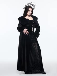 ROMWE Goth Style Plus Size Fur Collar Open Front Sleeve Patchwork Gold Velvet Long Sleeve Jacket - Black - View 8