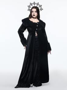 ROMWE Goth Style Plus Size Fur Collar Open Front Sleeve Patchwork Gold Velvet Long Sleeve Jacket - Black - View 4