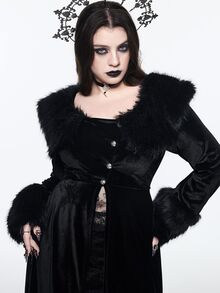 ROMWE Goth Style Plus Size Fur Collar Open Front Sleeve Patchwork Gold Velvet Long Sleeve Jacket - Black - View 9