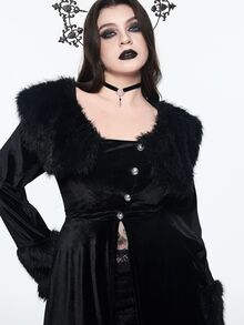 ROMWE Goth Style Plus Size Fur Collar Open Front Sleeve Patchwork Gold Velvet Long Sleeve Jacket - Black - View 2