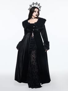 ROMWE Goth Style Plus Size Fur Collar Open Front Sleeve Patchwork Gold Velvet Long Sleeve Jacket - Black - View 5