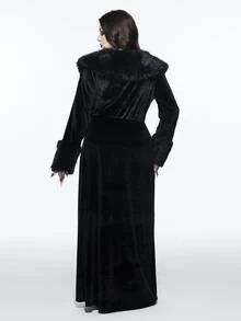 ROMWE Goth Style Plus Size Fur Collar Open Front Sleeve Patchwork Gold Velvet Long Sleeve Jacket - Black - View 3