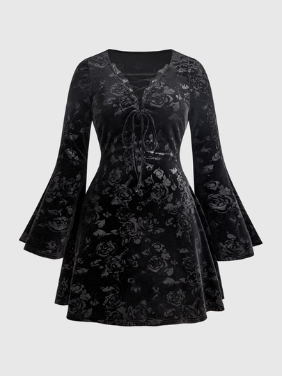 Goth Robe grande taille vintage à motif rose foncé en velours, polyvalente, avec manches cloche, taille cintrée à cordon de serrage et col en V