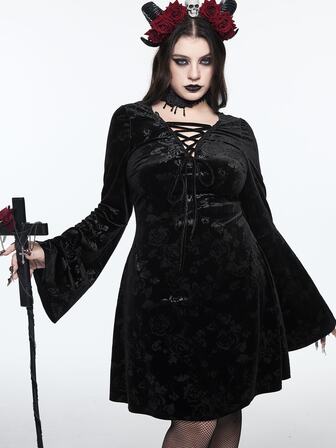 Goth Vintage Rose Dark Pattern Velvet Versatile Bell Sleeve Cinched Cinched Waist Drawstring V-Neck Plus Size Dress