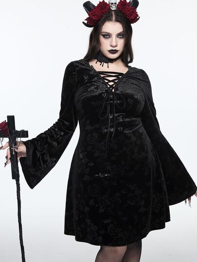 Goth Vintage-Kleid in Große Größen aus Samt mit dunklem Rosenmuster, vielseitig, mit Glockenärmeln, geraffter Taille mit Kordelzug und V-Ausschnitt