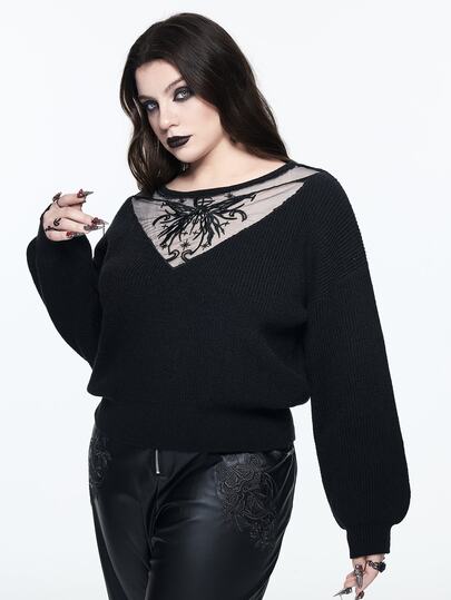 Goth Maglione casual versatile vestibilità ampia taglie forti con motivo farfalla ricamato in rete trasparente sul petto