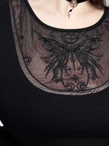 ROMWE Goth طقم قطعتين موضة مقاس كبير بتصميم فينتاج مطرز مع شبكة وتصميم رقعات وأكمام جرس - الأسود - مشاهدة 4