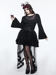ROMWE Goth طقم قطعتين موضة مقاس كبير بتصميم فينتاج مطرز مع شبكة وتصميم رقعات وأكمام جرس - الأسود - مشاهدة 6