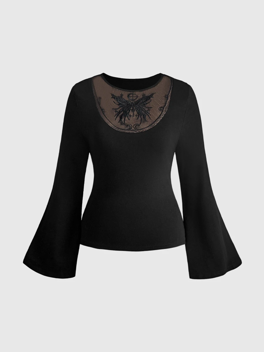 ROMWE Goth 大尺碼時尚復古刺繡網紗拼接喇叭袖兩件套 - 黑色 - 查看 1
