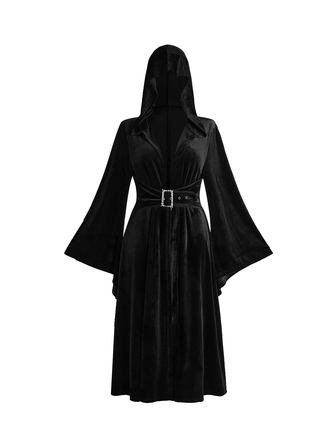 Goth Cappotto in velluto con cappuccio, maniche a campana, fibbia frontale con strass, taglie forti