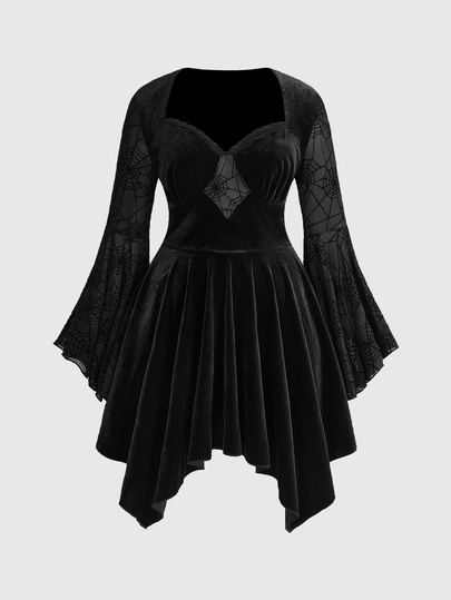 Dunkles Gothic-Stil Damenkleid in Große Größen mit transparenten Glockenärmeln mit Spinnennetz-Muster und asymmetrischem Saum, Halloween-Partykleid
