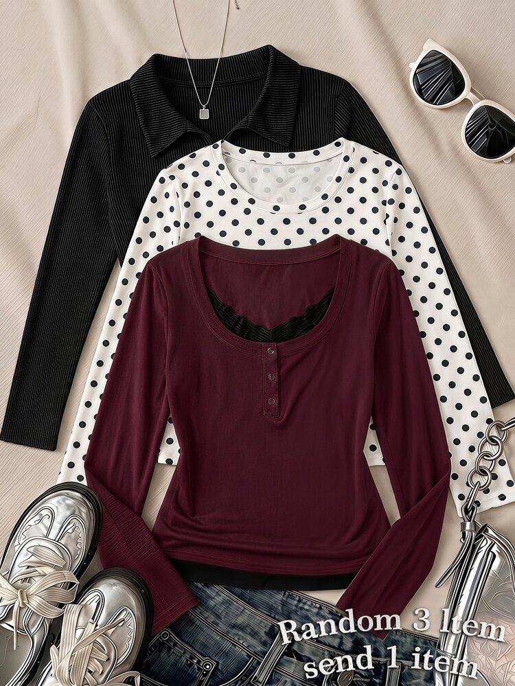SHEIN Teen Girls Button Collar Lace Trim Long Sleeve Colorblock T-Shirt, Casual Commute Travel Party, Burgundy, Slim Fit Y2K Top 1pc - Burgundy - View 2