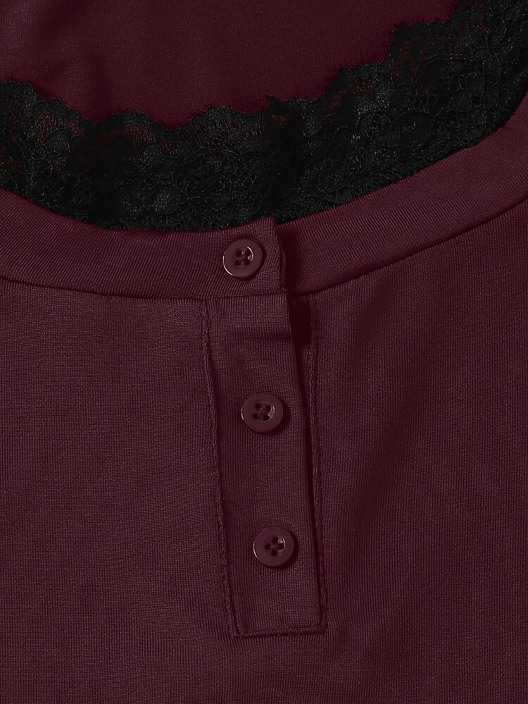 SHEIN Teen Girls Button Collar Lace Trim Long Sleeve Colorblock T-Shirt, Casual Commute Travel Party, Burgundy, Slim Fit Y2K Top 1pc - Burgundy - View 7