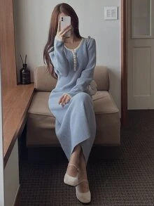 DAZY 對比色滾邊修身貼身長洋裝，長袖圓領休閒度假韓風秋冬加厚針織毛衣洋裝女款 - 藍色 - 查看 3