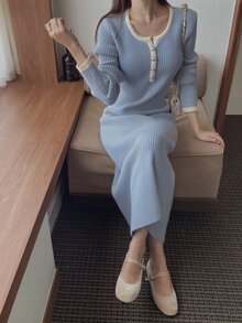 DAZY 對比色滾邊修身貼身長洋裝，長袖圓領休閒度假韓風秋冬加厚針織毛衣洋裝女款 - 藍色 - 查看 4